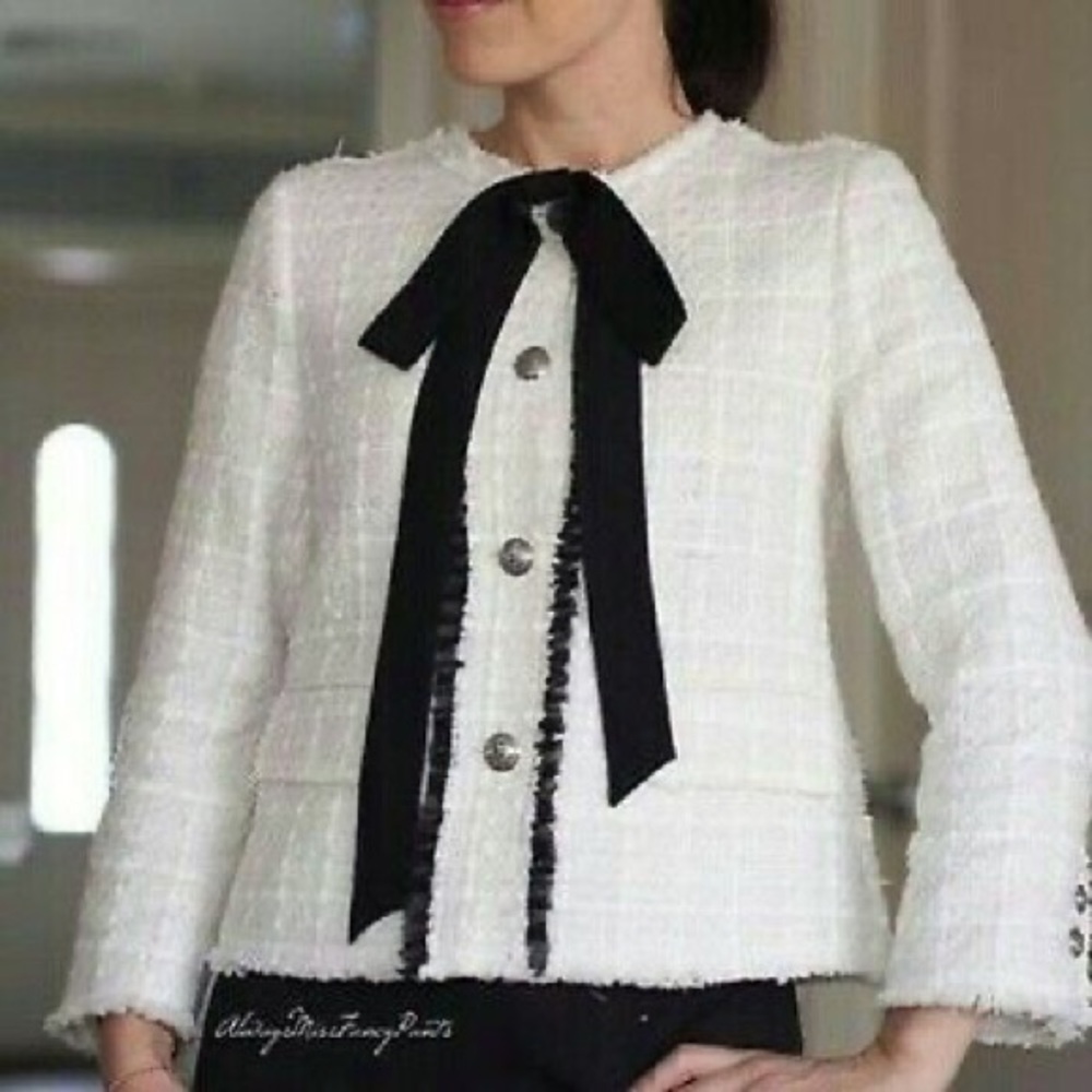 Zara Tweed Blazer - Cream/White/Black - Size Small